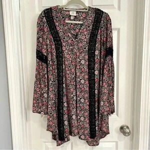 Knox Rose Floral Boho Hippie Short Dress Sz L Bell Long Sleeve Crochet Tunic